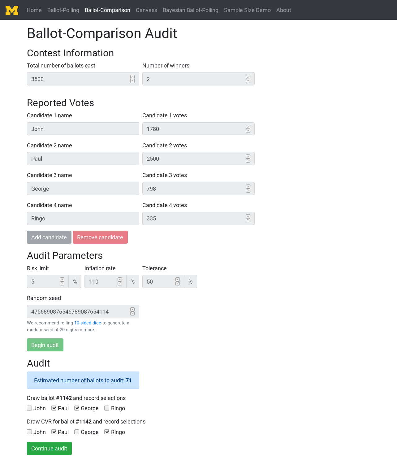 The ballot-comparison method takes in reported election data and has the user draw paper ballots at random to compare the actual vote with the computer-recorded vote. This method is highly efficient; notice how few ballots need be drawn to confirm the reported election result.
